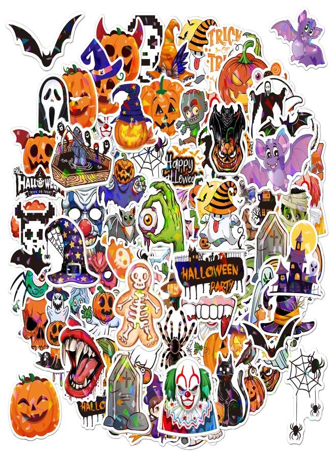 VANRUID Halloween Stickers, 100 Pcs Sparkly Holographic Halloween Stickers for Kids, Non-Repeating Halloween Pumpkin Theme Stickers, Vinyl Waterproof Holiday Party Stickers, Party Favors Gifts - Image 1
